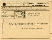 [Telegrama] 1945 nov. 16, Santiago [a] Gabriela Mistral, Río de Janeiro