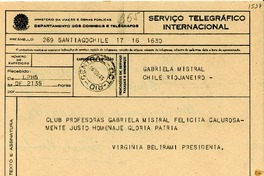 [Telegrama] 1945 nov. 16, Santiago [a] Gabriela Mistral, Río de Janeiro