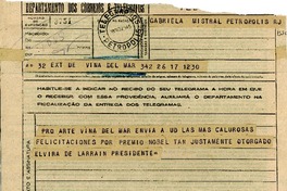 [Telegrama] 1945 nov. 18, Viña del Mar, [Chile] [a] Gabriela Mistral, Petrópolis, [Brasil]