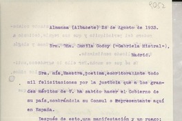[Carta] 1933 ago. 28, Almansa, Albacete, [España] [a] Gabriela Mistral, Madrid, [España]