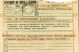 [Telegrama] 1945 nov. 18, La Serena, Coquimbo, [Chile] [a] Gabriela Mistral, Petrópolis, [Brasil]