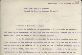 [Carta] 1944 oct. 25, Barcelona, [España] [a] Gabriela Mistral, Santos, Brasil