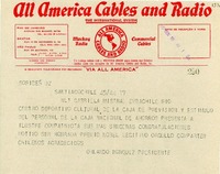 [Telegrama] 1945 nov. 18, Santiago [a] Gabriela Mistral, Río de Janeiro