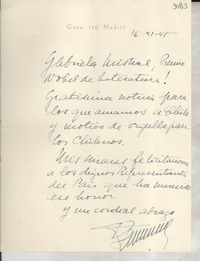 [Carta] 1945 nov. 16, Madrid, [España] [a] Gabriela Mistral