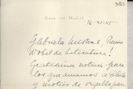 [Carta] 1945 nov. 16, Madrid, [España] [a] Gabriela Mistral