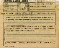 [Telegrama] 1945 nov. 17, Valparaíso, Chile [a] Gabriela Mistral, Petrópolis, [Brasil]
