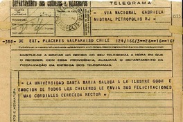 [Telegrama] 1945 nov. 17, Valparaíso, Chile [a] Gabriela Mistral, Petrópolis, [Brasil]