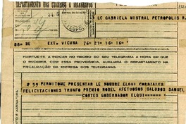 [Telegrama] 1945 nov. 16, Vicuña, [Chile] [a] Gabriela Mistral, Petrópolis, [Brasil]