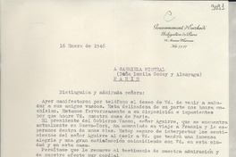 [Carta] 1946 ene. 16, París, [Francia] [a] Gabriela Mistral, París