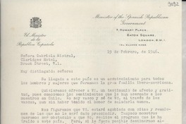 [Carta] 1946 feb. 19, Londres, [Inglaterra] [a] Gabriela Mistral, Londres