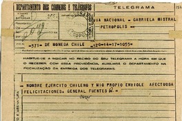 [Telegrama] 1945 nov. 17, Chile [a] Gabriela Mistral, Petrópolis, [Brasil]