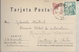 [Tarjeta postal] 1950 sept. 20, Salamanca, [España] [a] Gabriela Mistral, Santiago, Chile