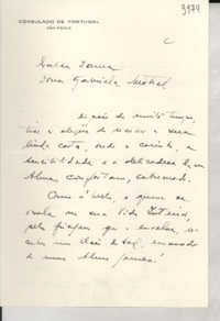 [Carta] [s. f.] Sao Paulo, [Brasil] [a] Gabriela Mistral