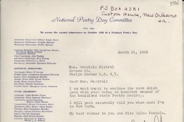 [Carta] 1955 Mar. 31, New Orleans, [Estados Unidos] [a] Gabriela Mistral, New York