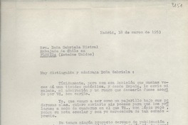 [Carta] 1953 mar. 18, Madrid, [España] [a] Gabriela Mistral, Florida, [Estados Unidos]