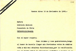 [Carta] 1945 nov. 16, Buenos Aires [a] Gabriela Mistral, Petrópolis