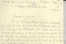 [Carta] 1952 feb. 17, Lisboa [Portugal] [a] Gabriela [Mistral]