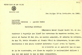 [Carta] 1945 nov. 19, San Felipe, Chile [a] Gabriela Mistral, Estocolmo, [Suecia]