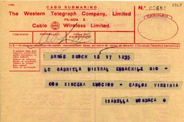 [Telegrama] 1945 nov. 17, Santiago, Chile [a] Gabriela Mistral