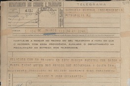 [Telegrama] 1945 nov. 21, [Buenos Aires, Argentina a] Gabriela Mistral, Petrópolis, [Brasil]