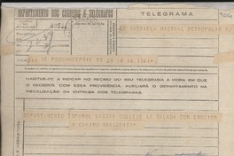 [Telegrama] 1945 nov. 16, New York, [EE.UU.] [a] Gabriela Mistral, Petrópolis, [Brasil]