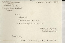 [Carta] 1947 oct. 17, Lipavi, Italia [a] Gabriela Mistral, Los Angeles, California, [EE.UU.]