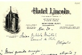 [Carta] [1945?] nov. 20, New York, [EE.UU.] [a] Gabriela Mistral, Petrópolis, [Brasil]