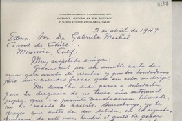 [Carta] 1947 abr. 2, Los Ángeles, California, [Estados Unidos] [a] Gabriela Mistral, Monrovia, California