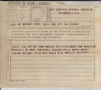 [Telegrama] 1945 nov. 17, Buenos Aires, [Argentina] [a] Gabriela Mistral, Petrópolis