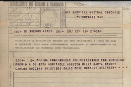 [Telegrama] 1945 nov. 17, Buenos Aires, [Argentina] [a] Gabriela Mistral, Petrópolis