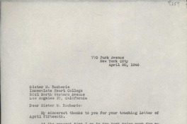 [Carta] 1946 Apr. 30, New York City, [EE.UU.] [a] Sister M. Eucharia, Los Angeles, California, [EE.UU.]