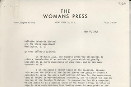 [Carta] 1946 May 8, New York., [EE.UU.] [a] Gabriela Mistral, Washington, D. C., [EE.UU.]
