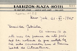 [Carta] 1945 nov. 21, New York [a] Gabriela Mistral