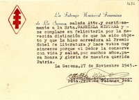 [Tarjeta] 1945 nov. 27, La Serena, [Chile] [a] Gabriela Mistral