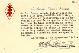 [Tarjeta] 1945 nov. 27, La Serena, [Chile] [a] Gabriela Mistral