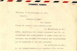[Carta] 1945 nov. 30, Valdivia, [Chile] [a] Gabriela Mistral, Rio de Janeiro, [Brasil]