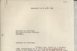 [Carta] 1933 août 15, Marseille, [Francia] [a] le Directeur des Contributions Directes, Avignon, [Francia]