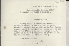 [Carta] 1933 oct. 6, Aix, [Francia] [a] Lucila Godoy, Madrid, [España]