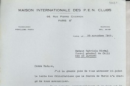 [Carta] 1945 nov. 20, Paris, [Francia] [a] Gabriela Mistral, Rio de Janeiro, [Brasil]