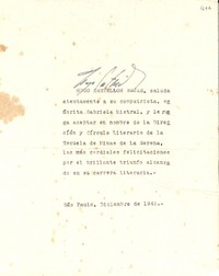 [Carta] 1945 dic., Sao Paulo, [Brasil] [a] Gabriela Mistral