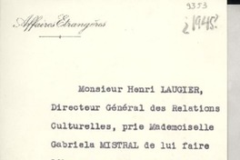 [Tarjeta] [1945?], [Francia] [a] Gabriela Mistral, [Francia]