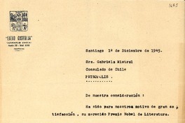 [Carta] 1945 dic. 1, Santiago, [Chile] [a] Gabriela Mistral, Petrópolis, [Brasil]