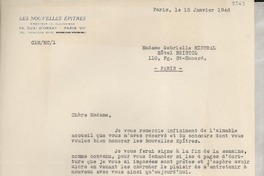 [Carta] 1946 janv. 15, Paris, [Francia] [a] Gabriela Mistral, Hôtel Bristol, Paris, [Francia]