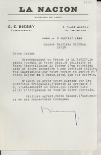 [Carta] 1946 janv. 8, Paris, [Francia] [a] Gabriela Mistral, Paris