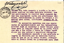 [Tarjeta] 1945 dic. 11, Santiago [a] Gabriela Mistral