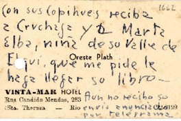 [Tarjeta] 1945, Río de Janeiro [a] Gabriela Mistral