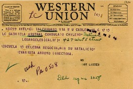 [Telegrama] 1946 abr. 6, Talcahuano [a] Gabriela Mistral, Los Angeles