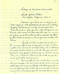 [Carta] 1946 abr. 11, Santiago, Chile [a] Gabriela Mistral, Los Angeles, California, Estados Unidos