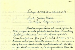 [Carta] 1946 abr. 11, Santiago, Chile [a] Gabriela Mistral, Los Angeles, California, Estados Unidos