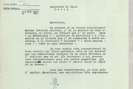 [Carta] 1947 mars 5, Paris, [Francia] [a] Embajada de Chile, Francia